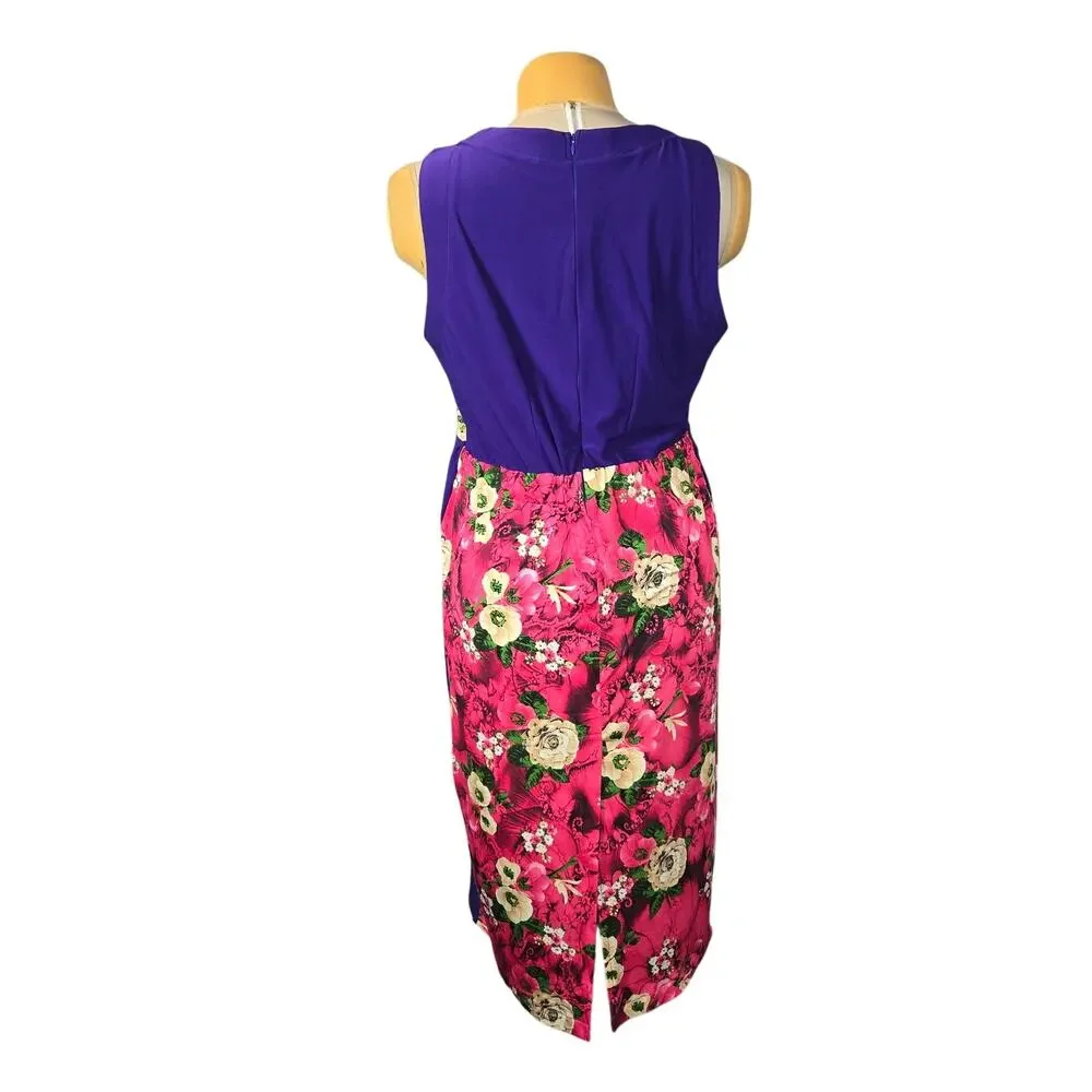 Patrick Kdep Purple Floral Colorblock Midi Dress Statement Garden Party Colorful